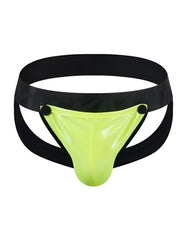 Vibrant neon green tartarus coated jockstrap latex briefs with black elastic waistband and side straps visible from the back