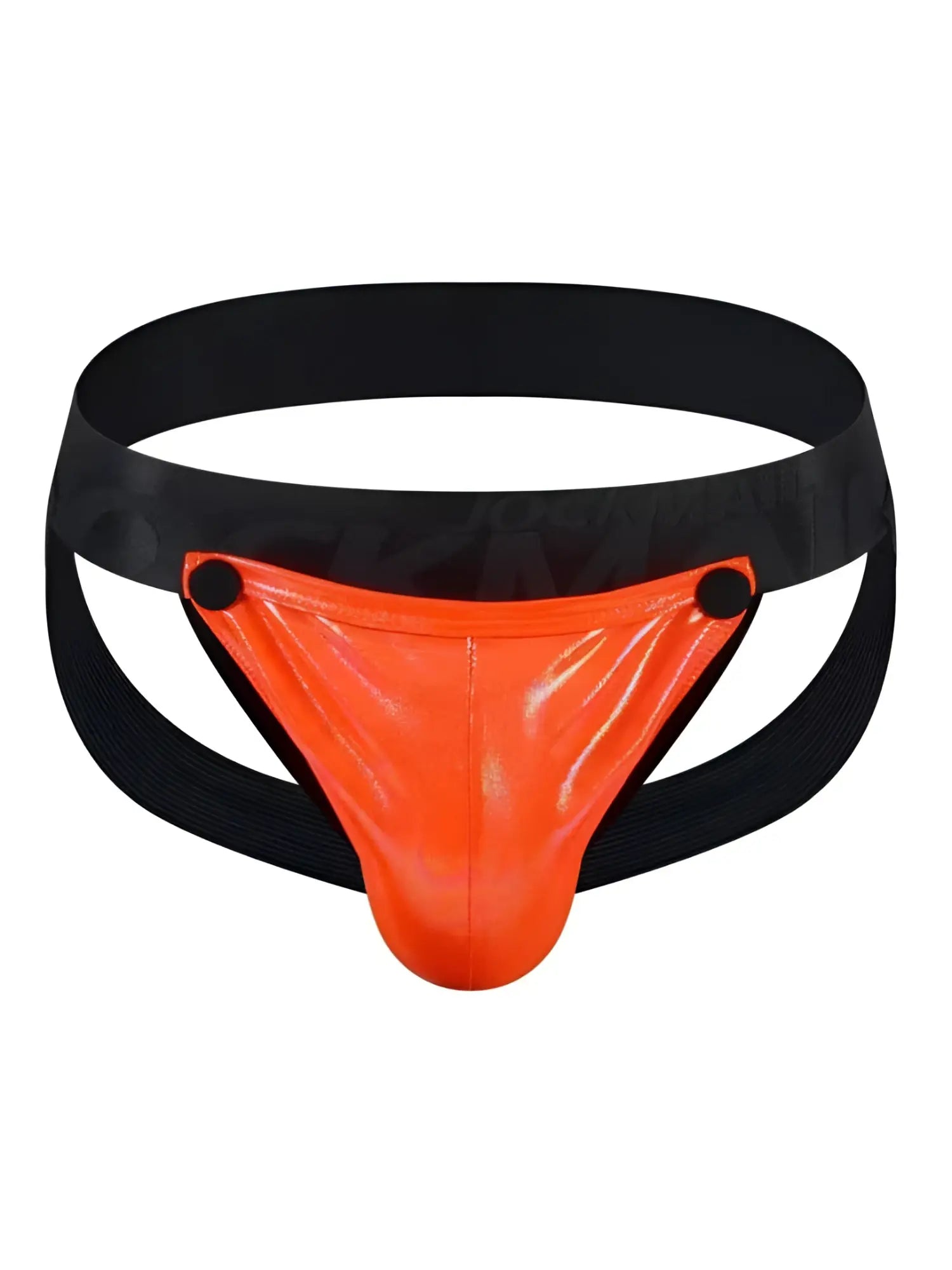 Tartarus coated jockstrap vibrant orange patent leather briefs with black elastic waistband and side straps
