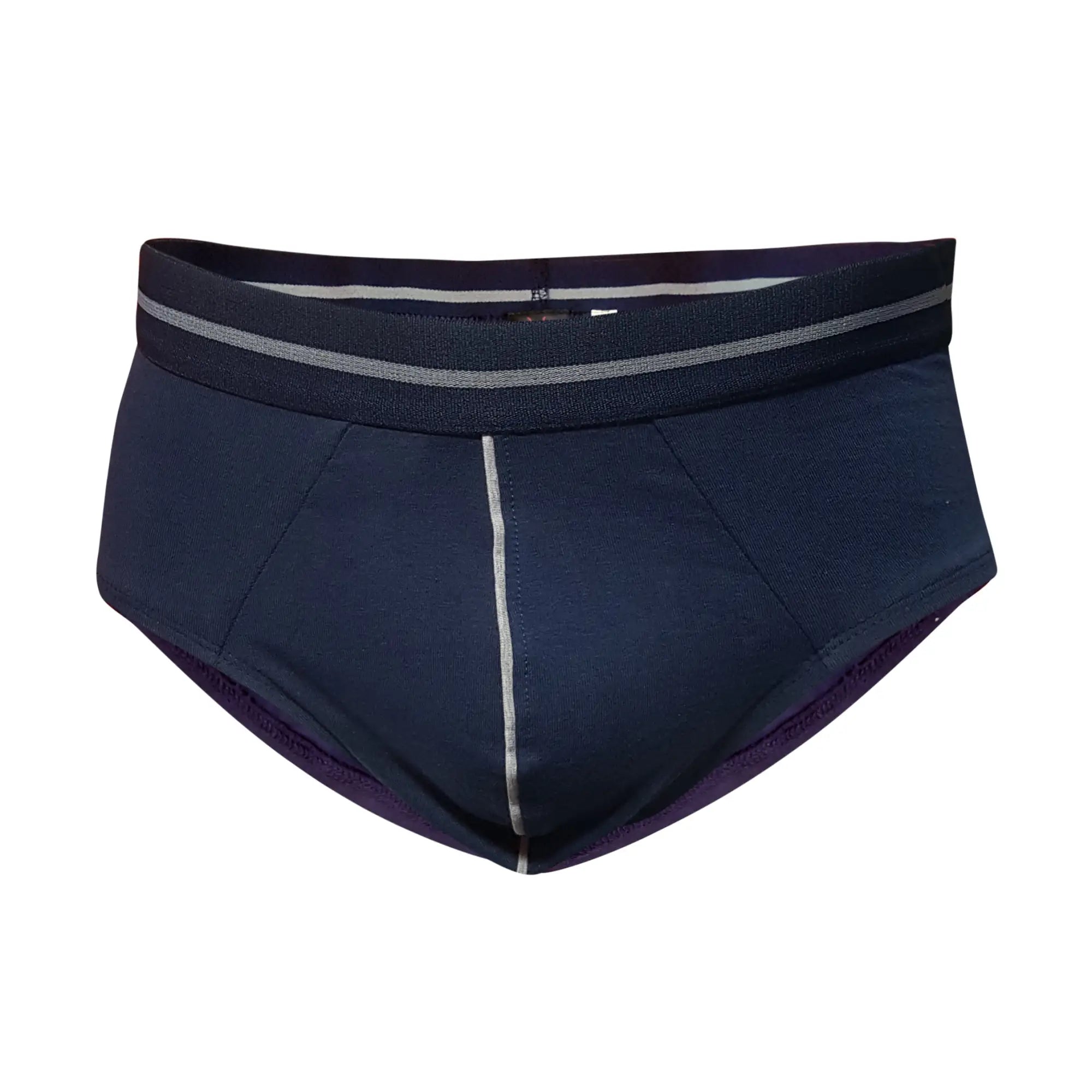Dark navy tartarus cotton brief with textured fabric gray-striped waistband and silver stitching on center seam