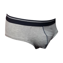 Gray heathered tartarus cotton brief with black waistband white stripe and black stitching along the leg seams