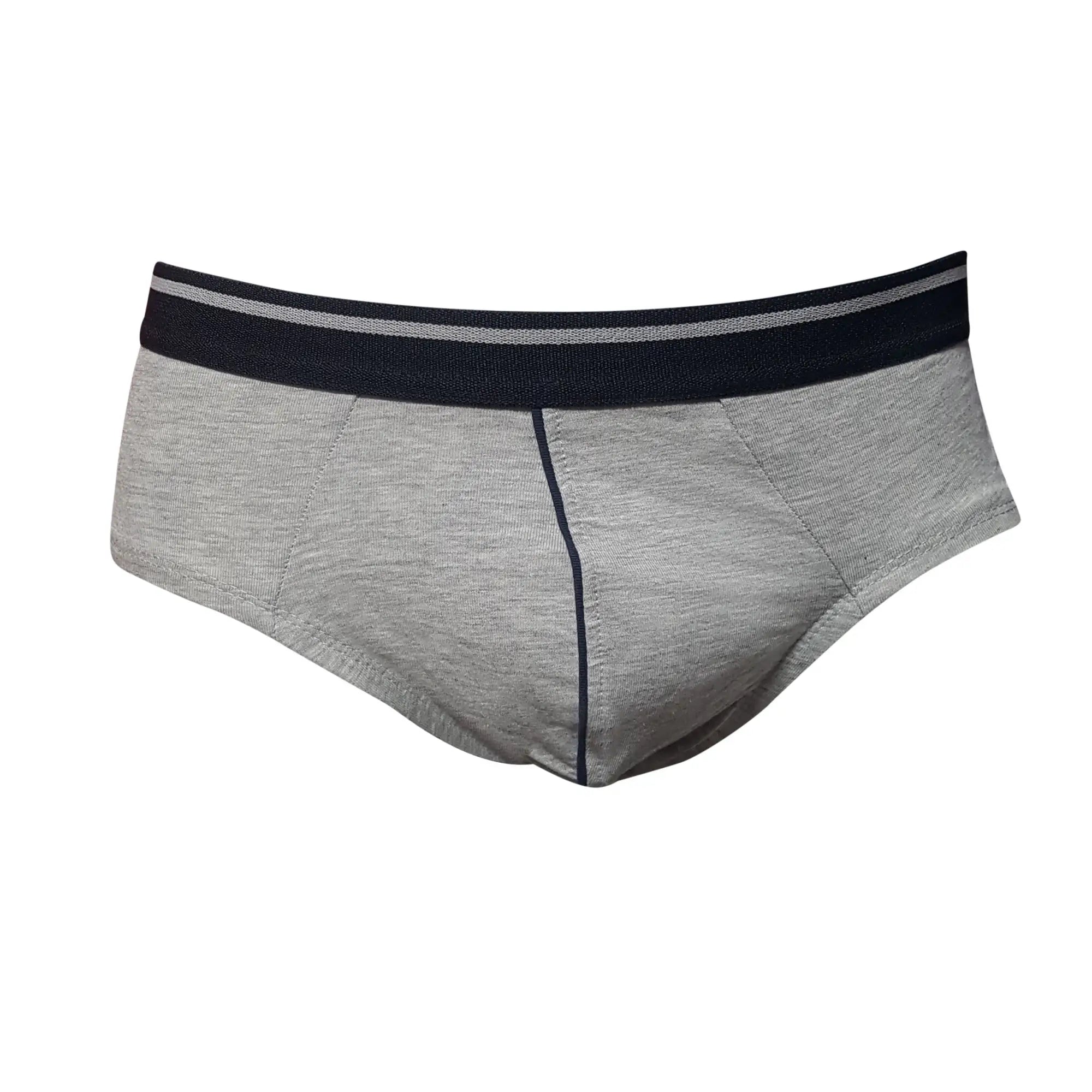 Gray heathered tartarus cotton brief with navy blue waistband, subtle gray stripe, and navy stitching along center seam