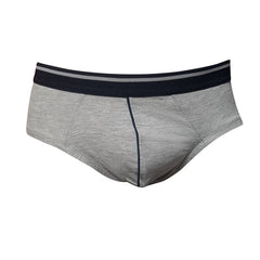 Gray heathered tartarus cotton brief with navy blue waistband, subtle gray stripe, and navy stitching along center seam