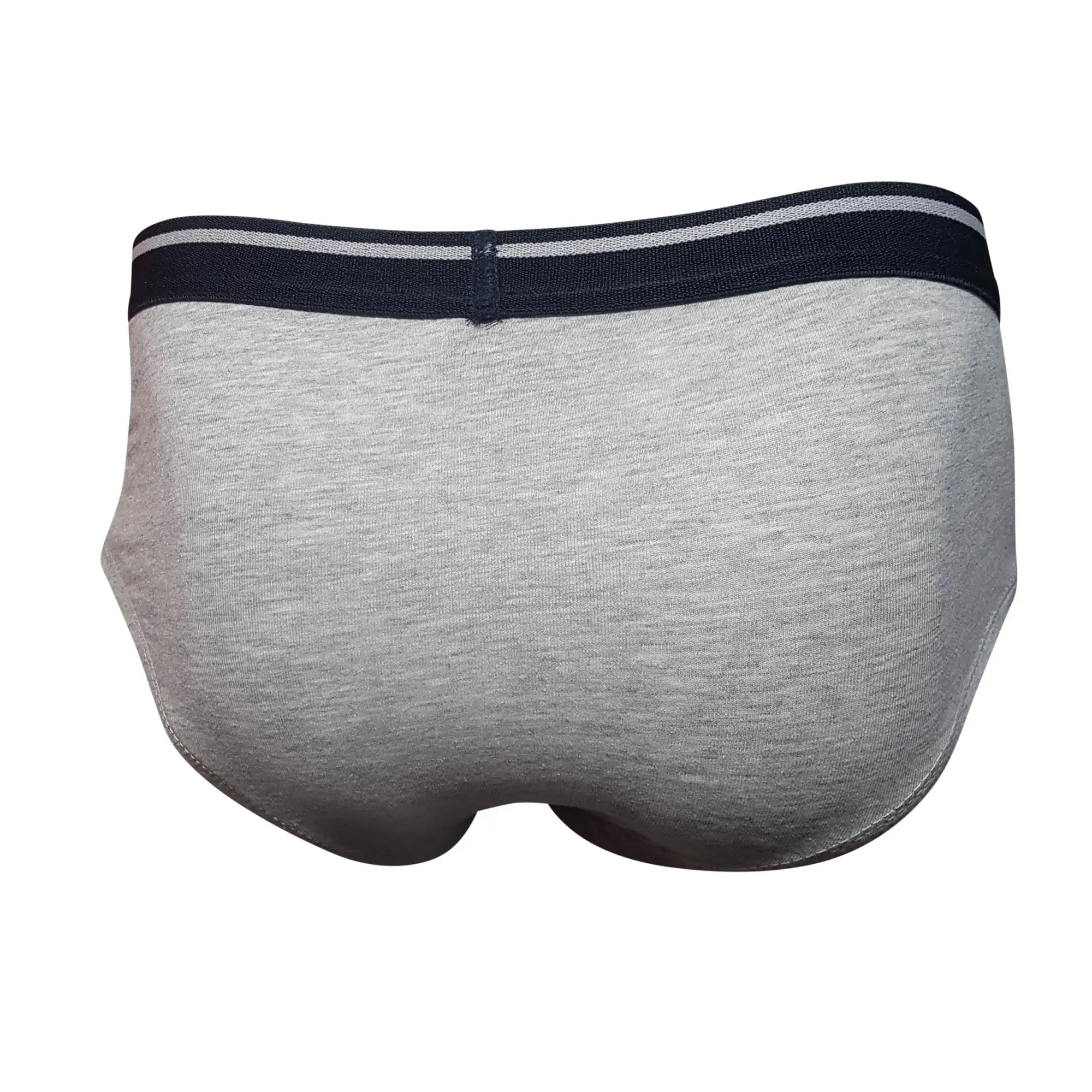 Tartarus cotton brief in gray heathered fabric with a navy waistband featuring two thin white stripes