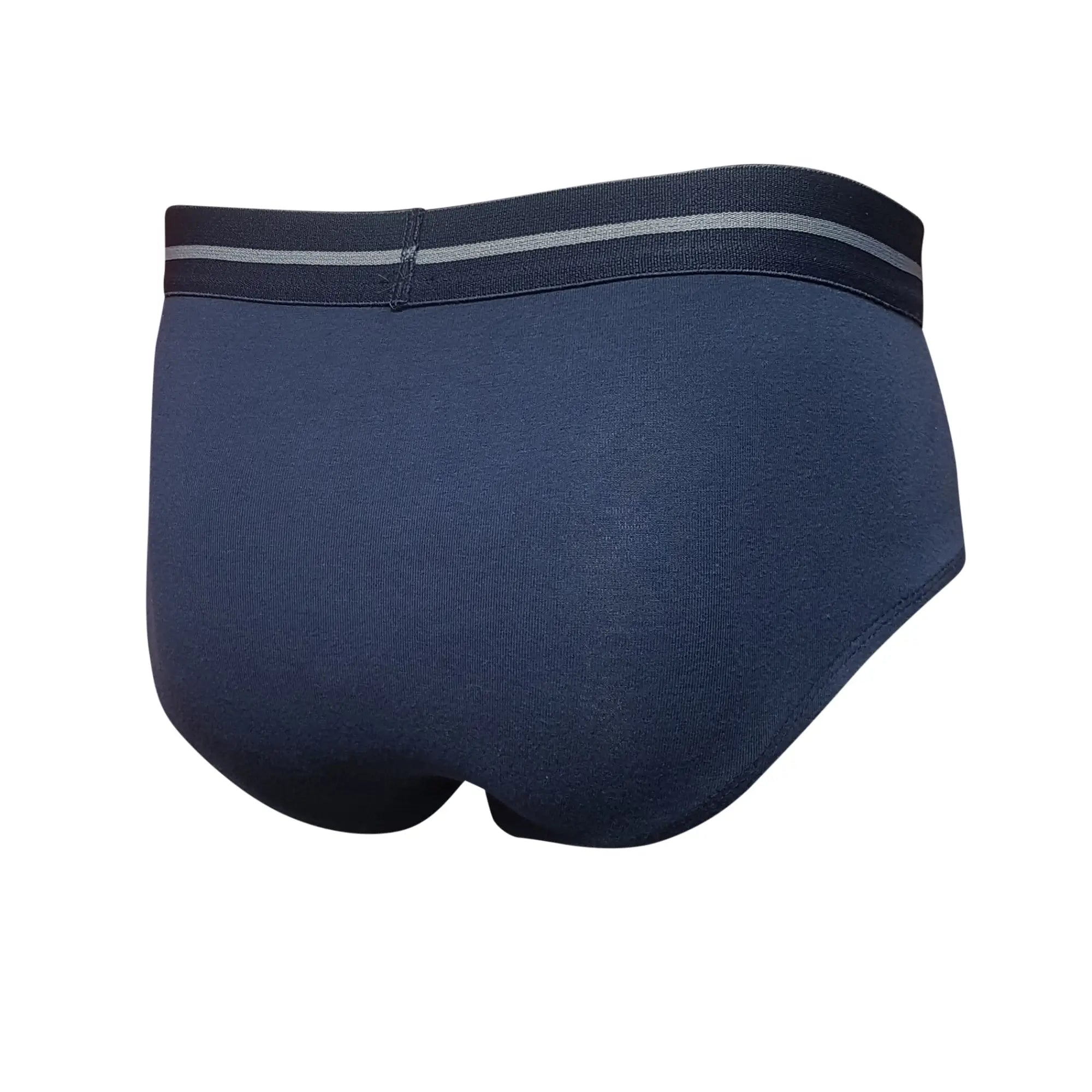 Navy blue tartarus cotton brief with gray striped elastic waistband showing front side