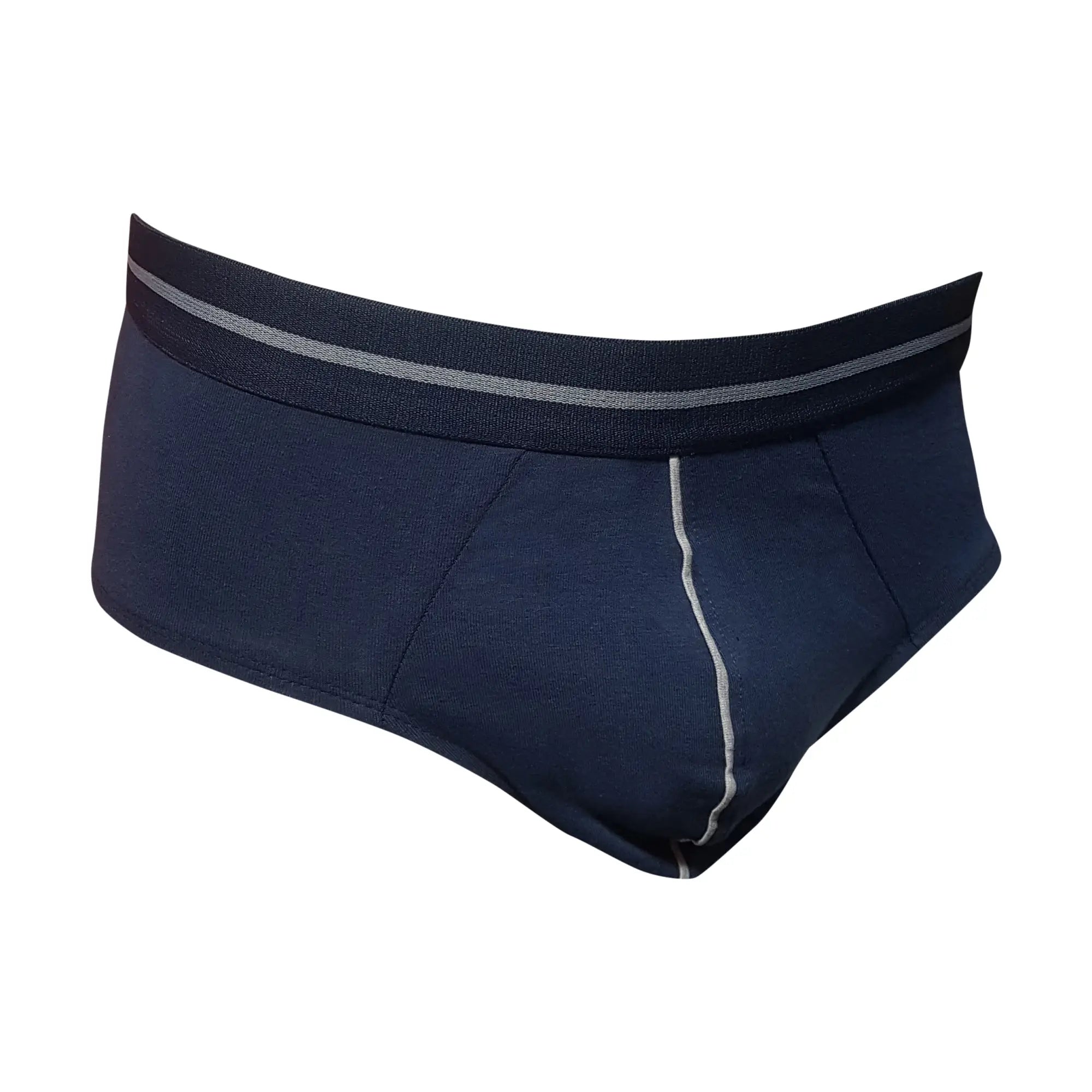 Navy blue tartarus cotton brief with gray striped waistband and matching seam stitching for comfortable wear