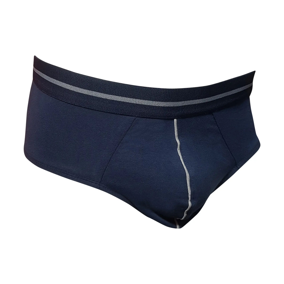 Navy blue tartarus cotton brief with gray striped waistband and matching seam stitching for comfortable wear