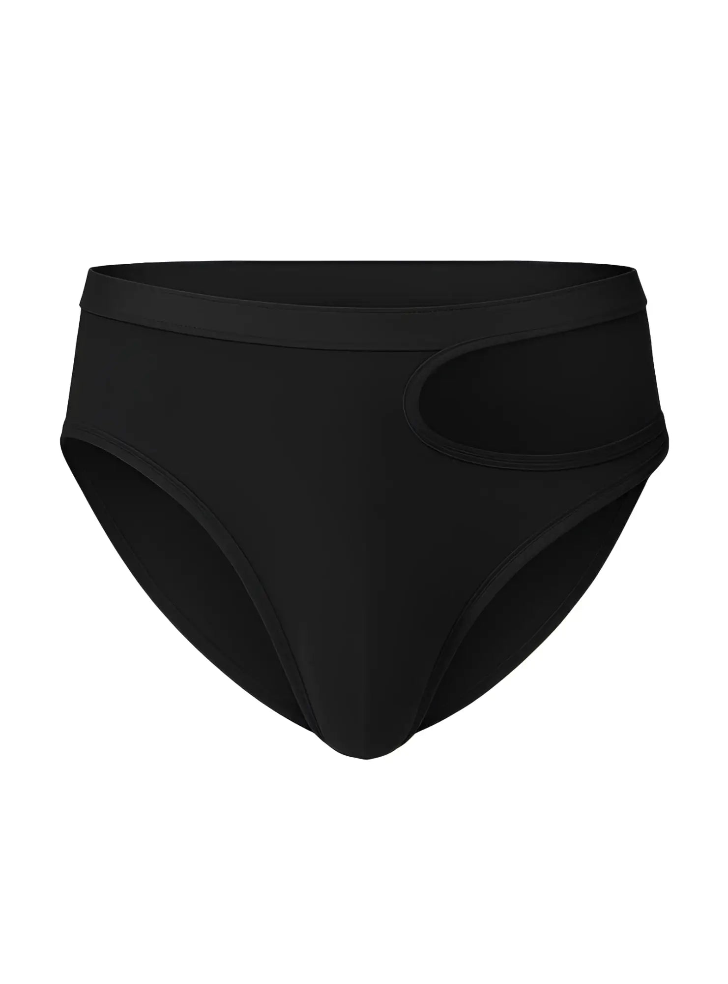 Black tartarus cut out brief high-waisted bikini bottom with sleek smooth fabric and distinctive side cutout visible from back