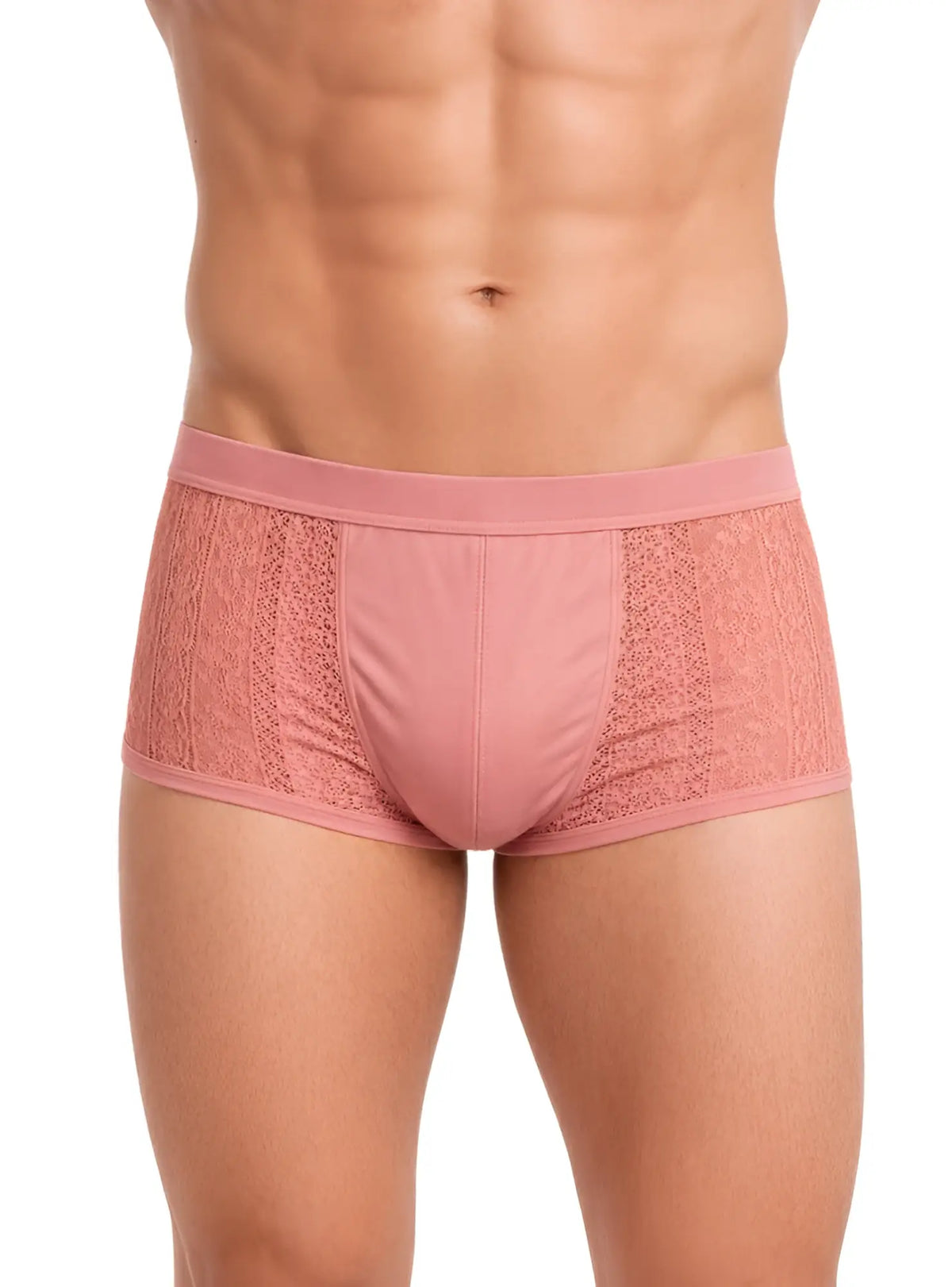 Pink tartarus lace boyshort briefs with lace trim elastic waistband and smooth solid fabric center front