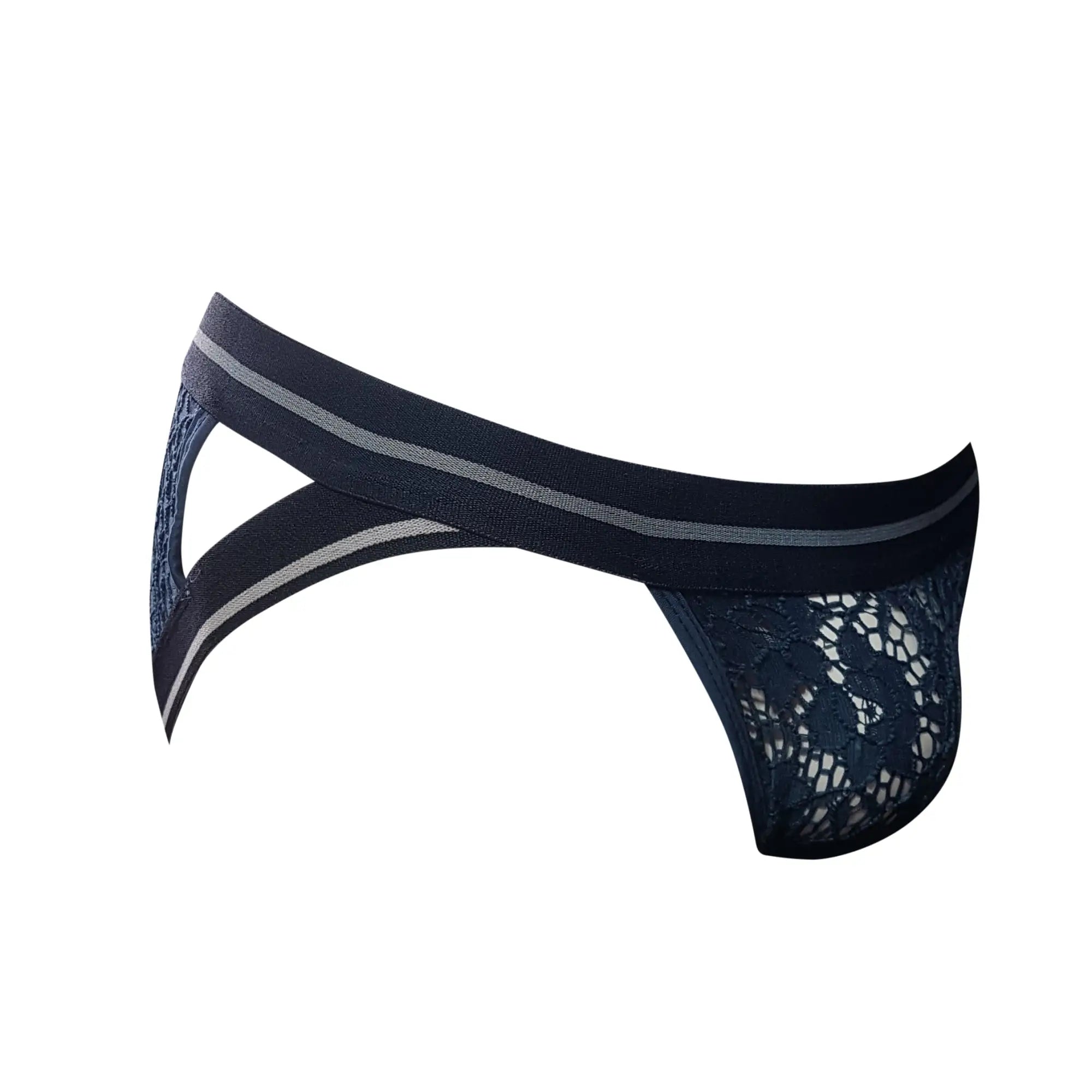 Dark blue tartarus lace brief with a supportive elastic waistband accented by two thin gray stripes