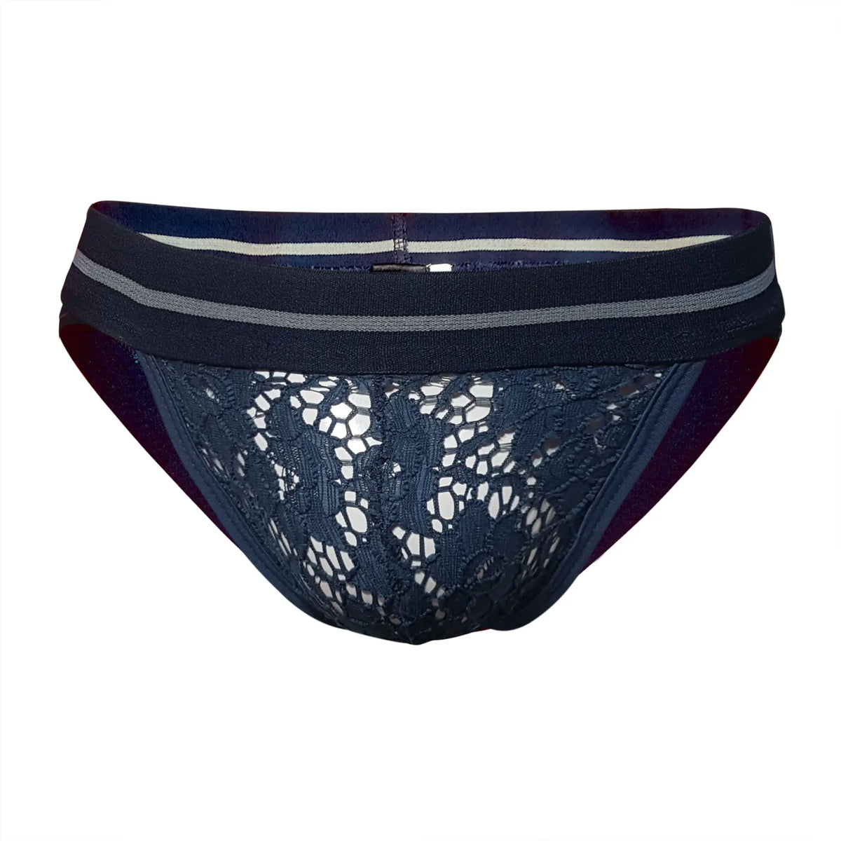 Dark navy tartarus lace brief with striped elastic waistband made from delicate lace fabric