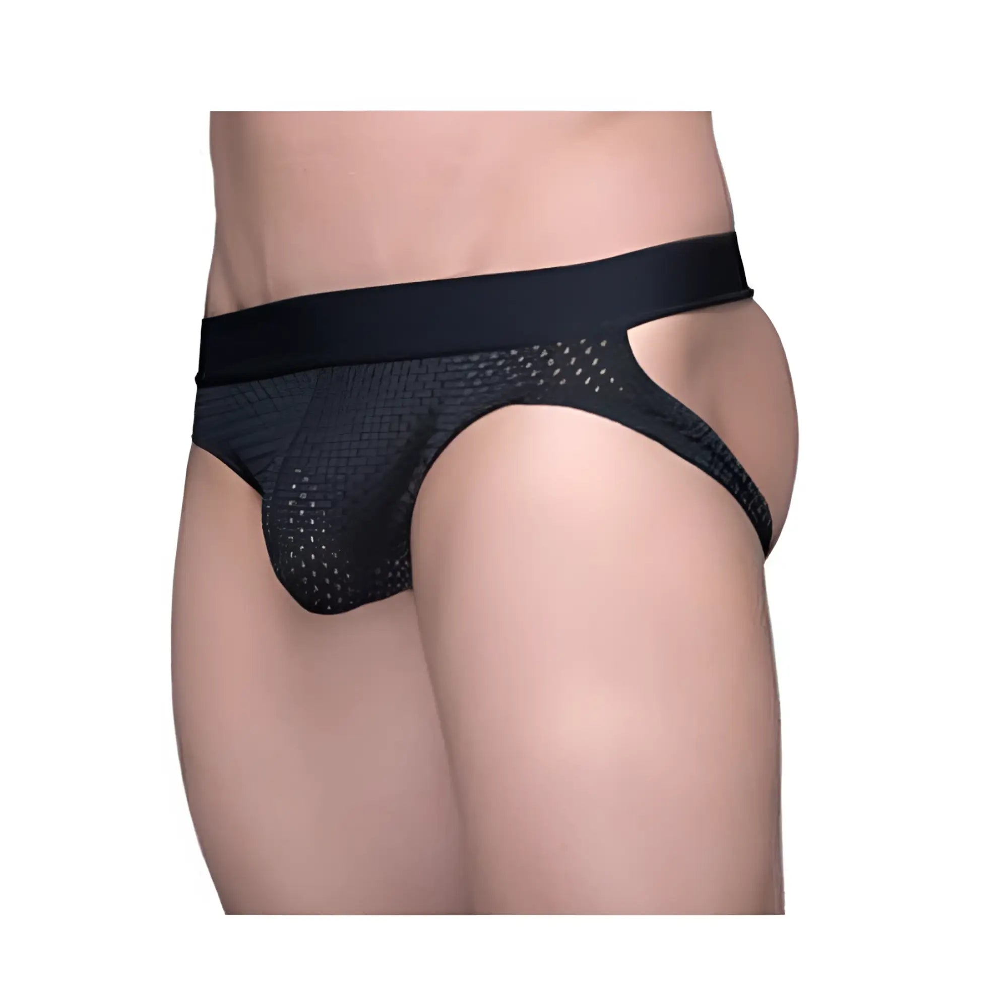 Black mesh briefs with a solid waistband from tartarus mesh jock highlighting breathable material and sleek design