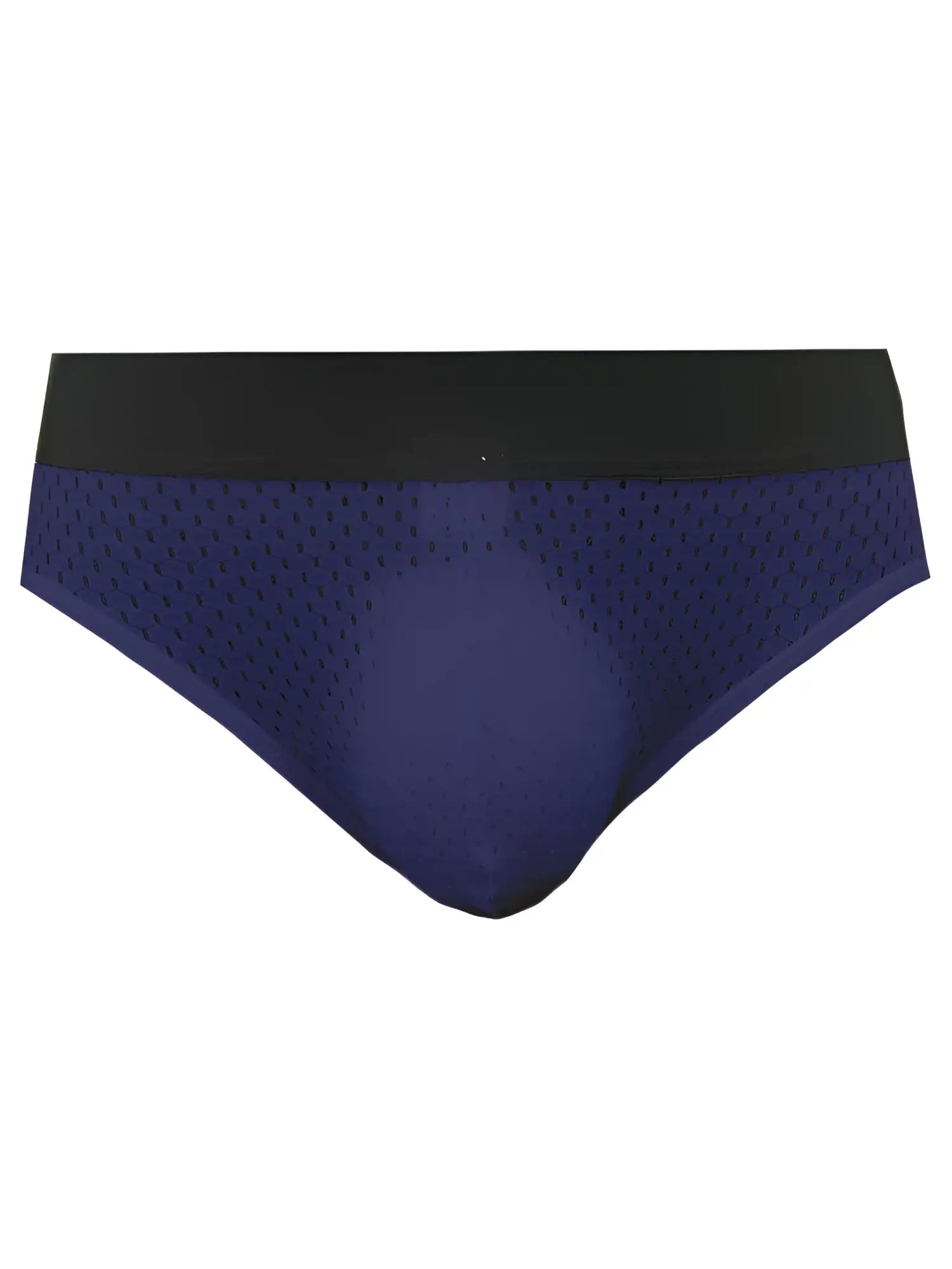 Navy blue mesh tartarus mesh jock briefs with black elastic waistband shown from the back side