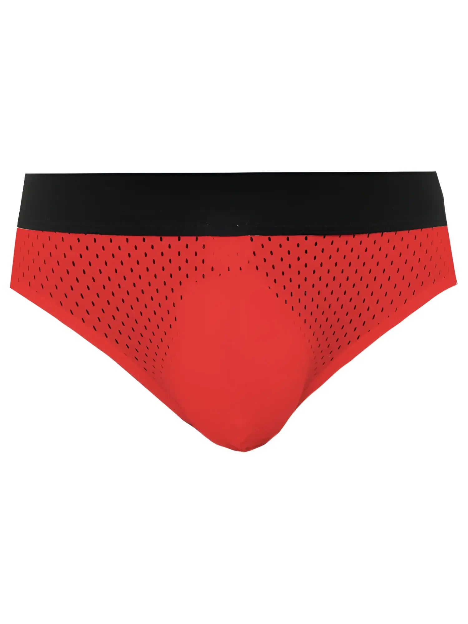 Red mesh briefs with black waistband from tartarus mesh jock showcasing breathable mesh fabric design