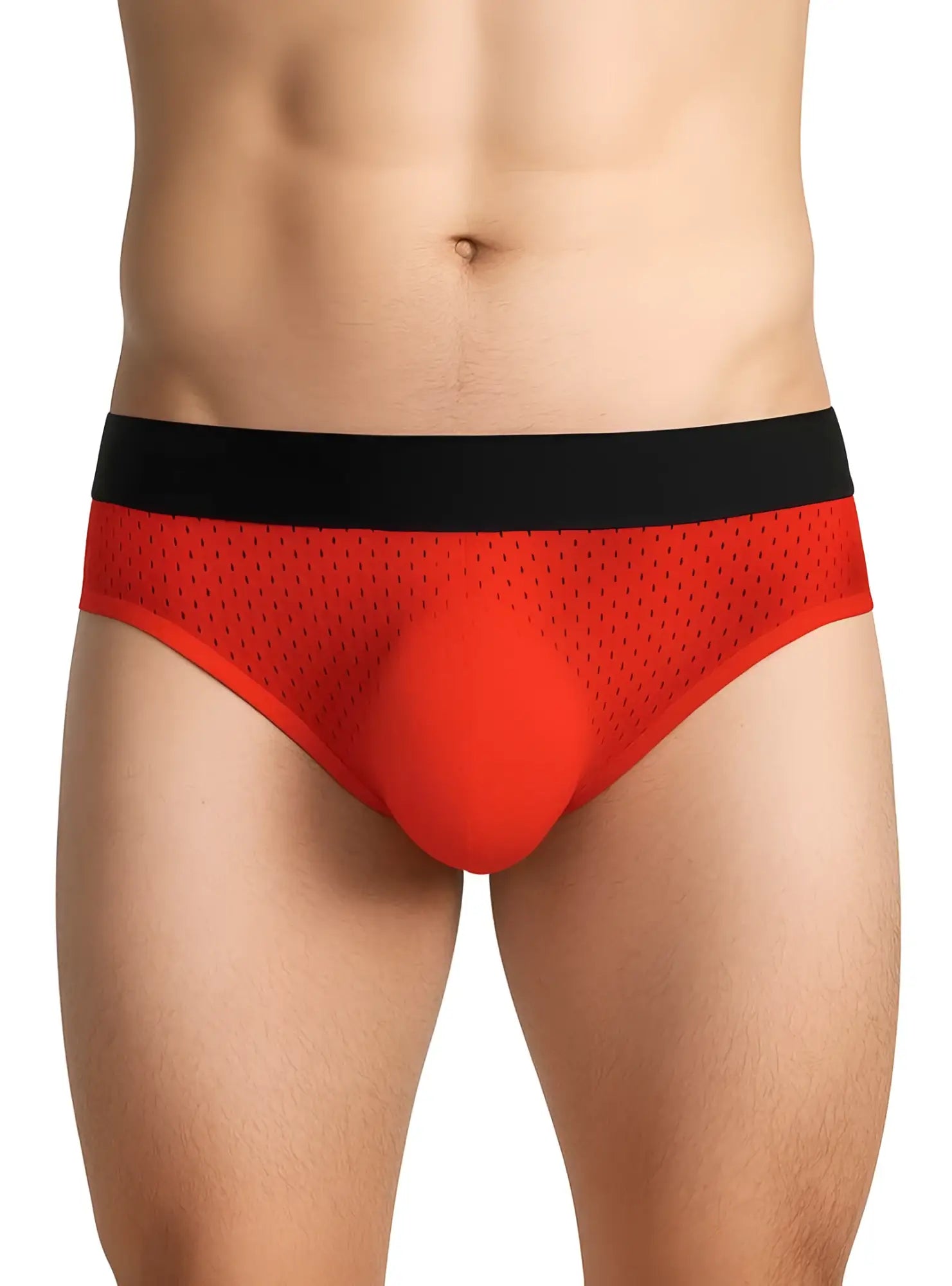 Red mesh briefs with a black waistband tartarus mesh jock showcasing breathable mesh fabric and bold color contrast
