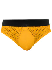 Yellow mesh briefs with black waistband tartarus mesh jock front view featuring breathable material