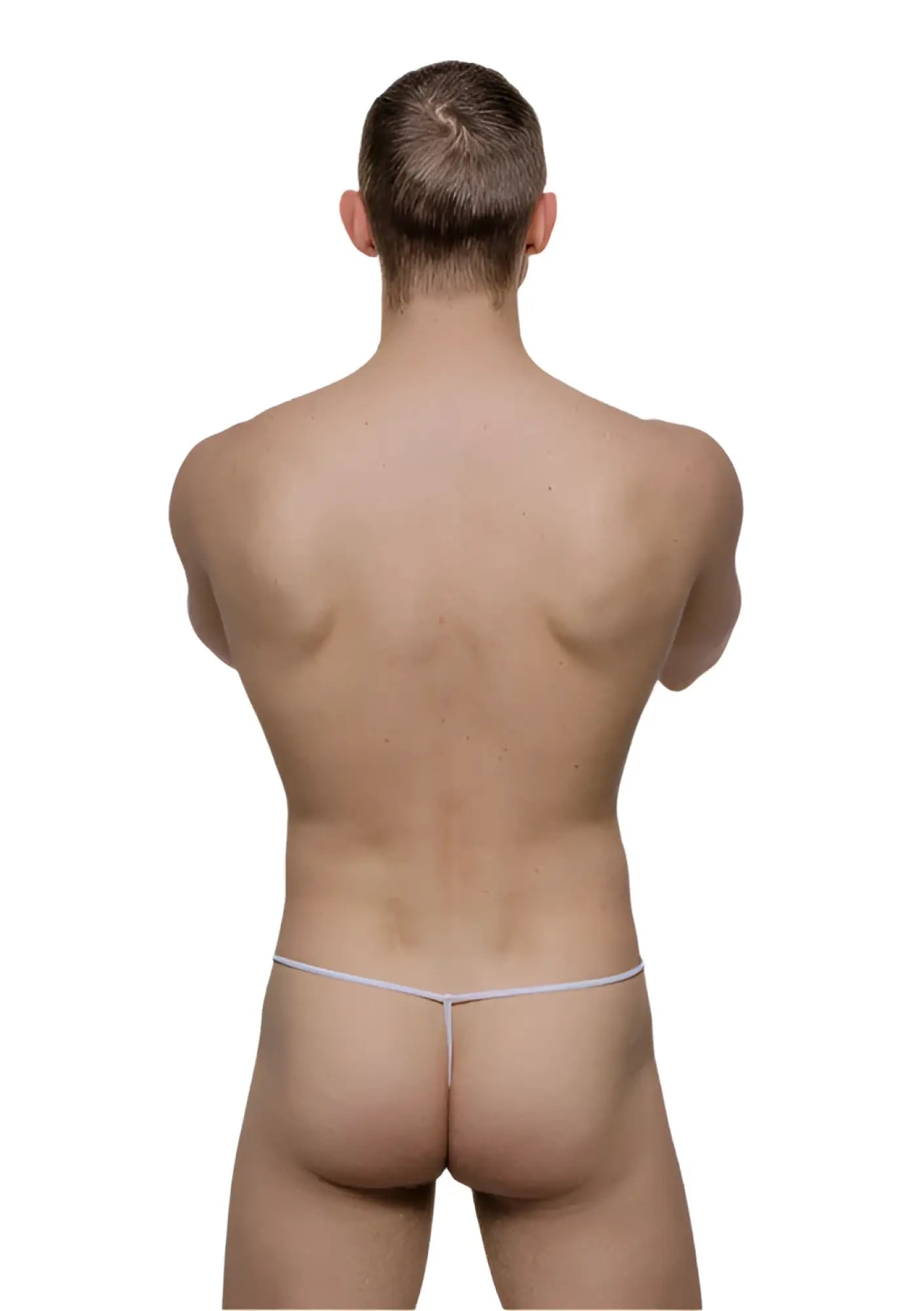 White tartarus mesh thong with thin seamless fabric band shown from the back side