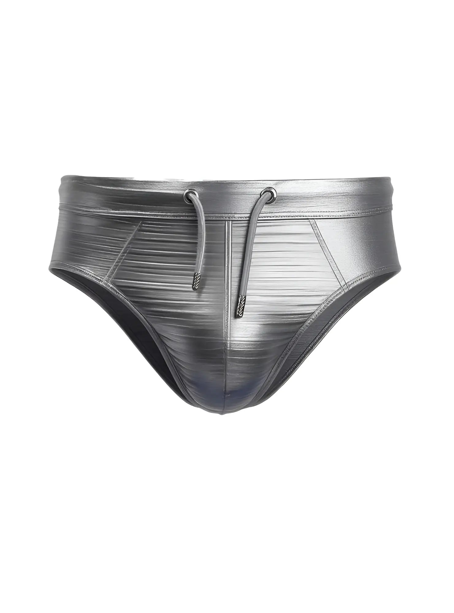 Silver metallic brief swim trunks with ribbed texture and matching drawstrings from tartarus collection