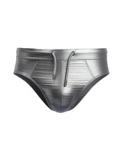 Silver metallic brief swim trunks with ribbed texture and matching drawstrings from tartarus collection