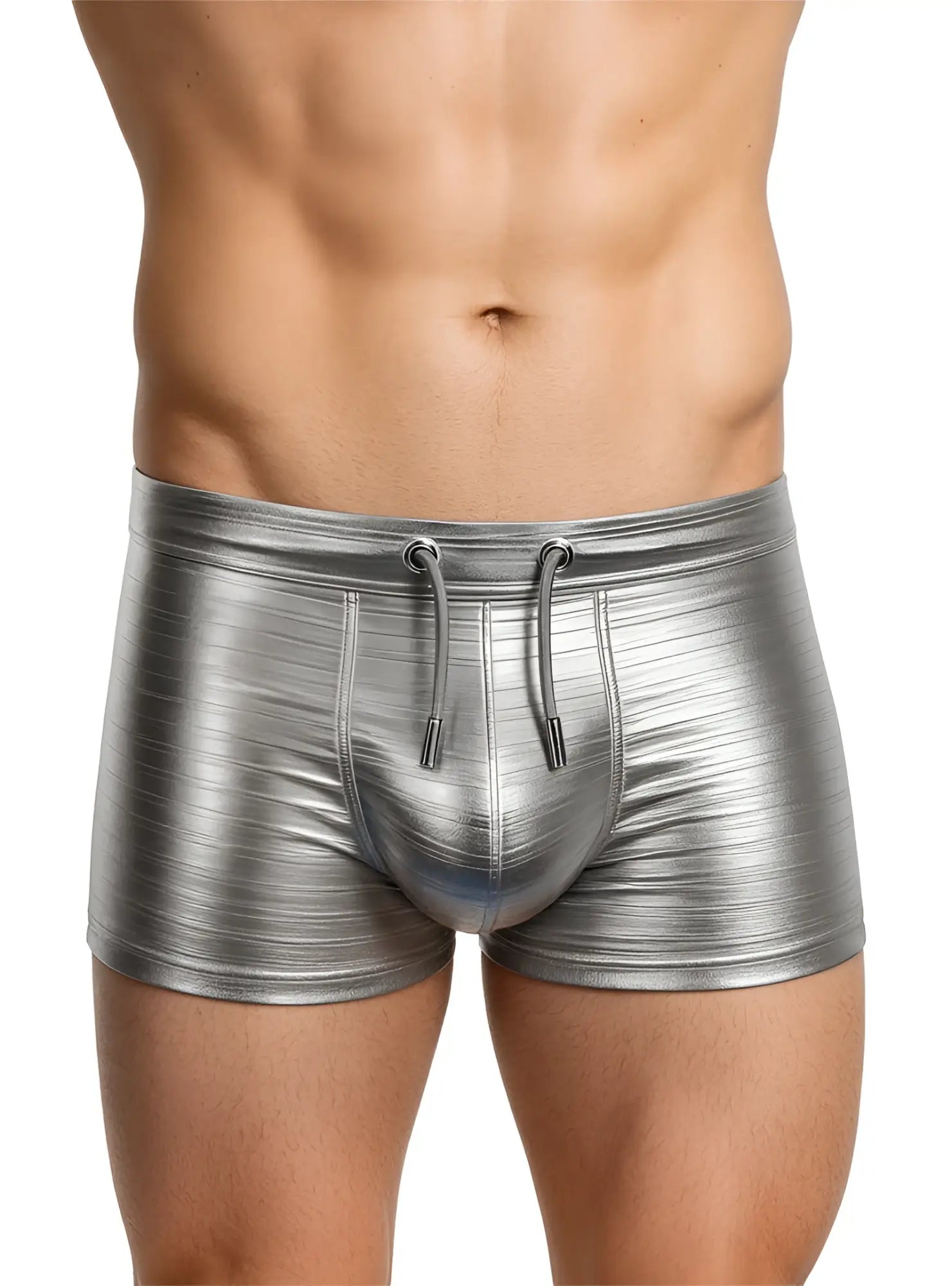 Tartarus metallic trunk shiny silver swim trunks with textured reflective finish and matching drawstrings