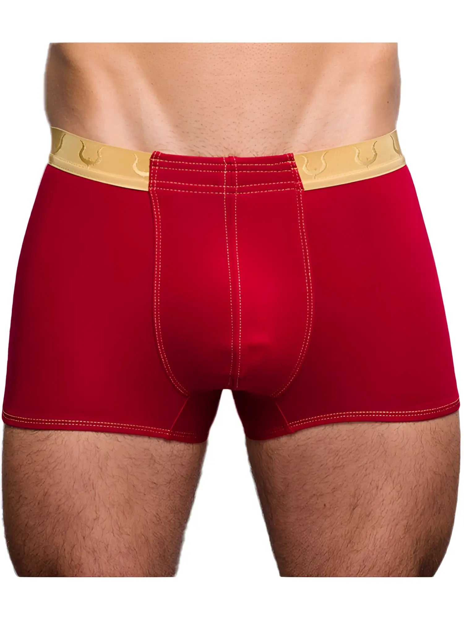 Red tartarus monaco trunk boxer briefs with gold horseshoe waistband and white stitching