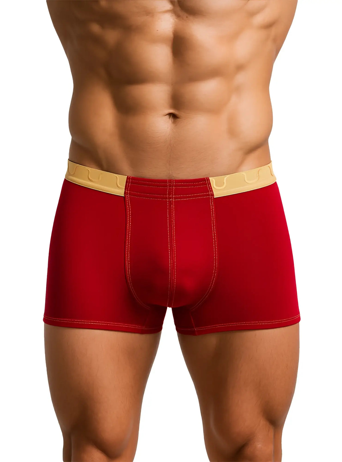 Red tartarus monaco trunk boxer briefs with tan elastic waistband and subtle logo pattern
