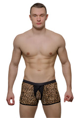 Tartarus peakaboo trunk leopard-print boxer briefs with black elastic waistband and matching black inner pouch
