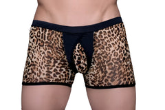 Tartarus peakaboo trunk leopard-print mesh briefs with black elastic waistband and leg openings