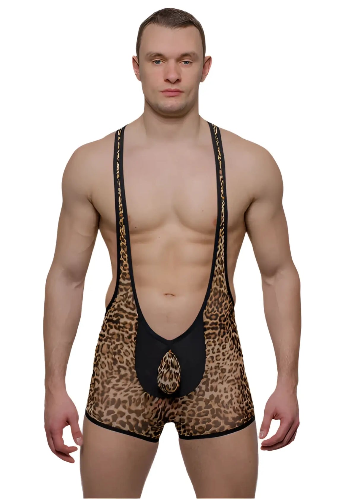 Tartarus peakaboo wrestler leopard-print wrestling singlet with black trim and matching leopard pouch at front