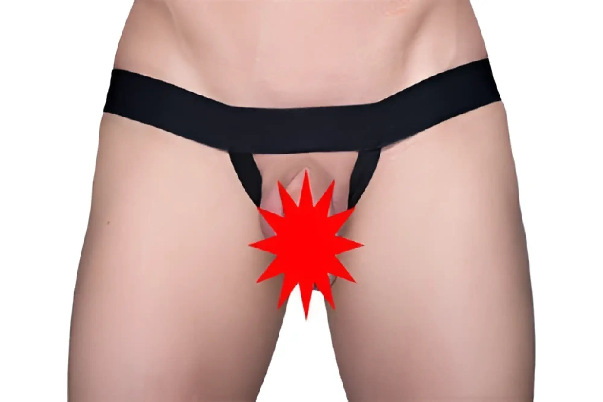 Black tartarus ring g-string thong featuring a red starburst graphic on the front designed for bold style
