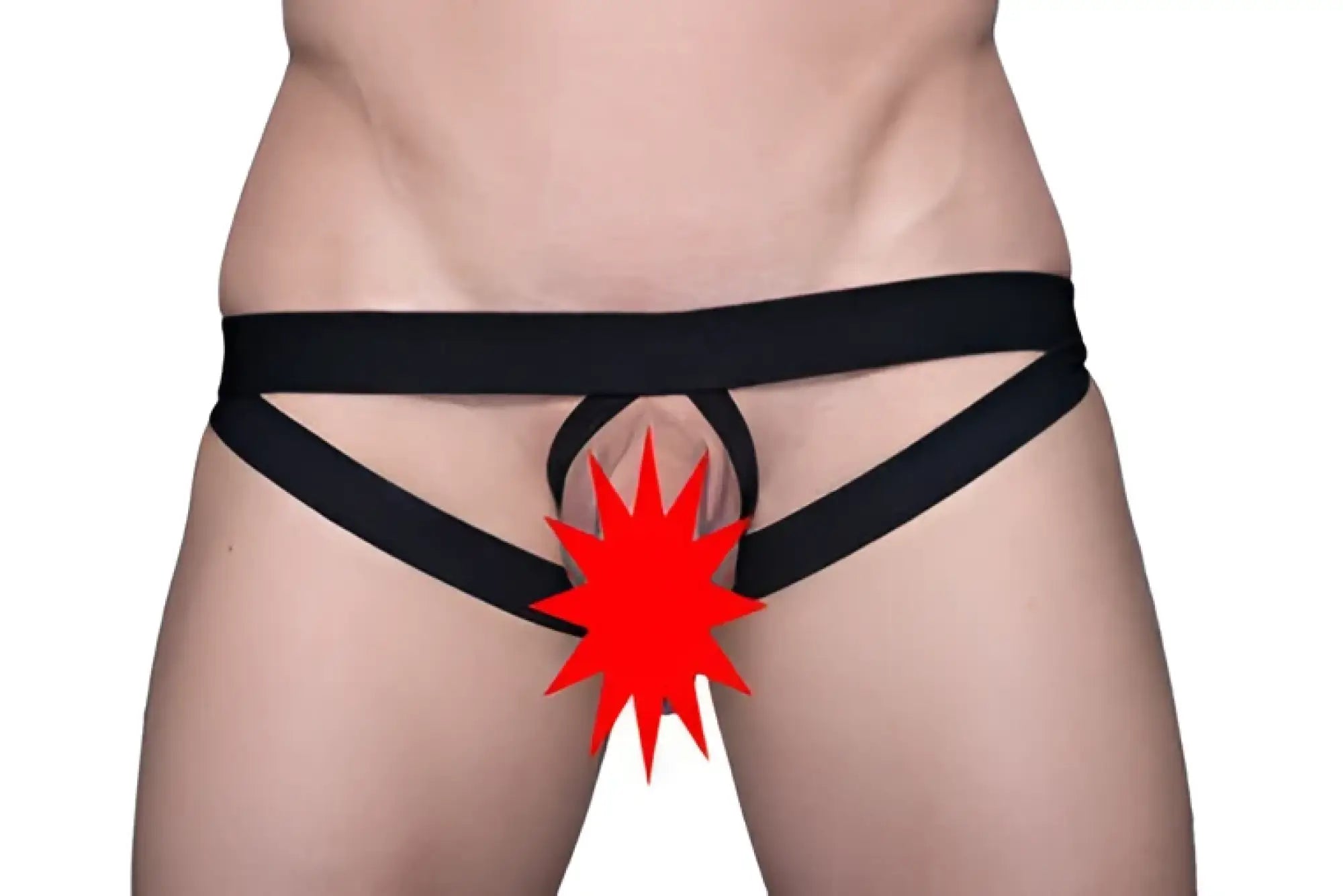 Black thong tartarus ring jock with red starburst graphic in the center for bold and edgy style