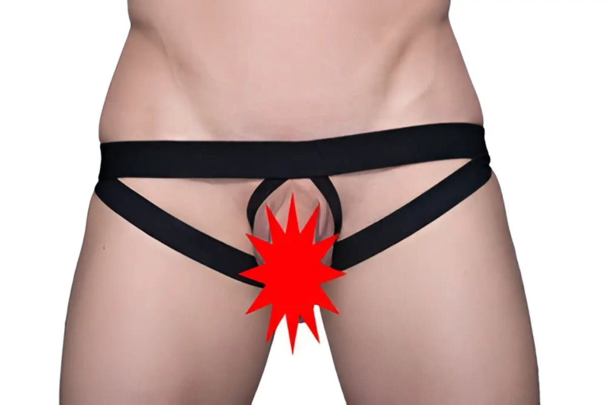 Black thong tartarus ring jock with red starburst graphic in the center for bold and edgy style