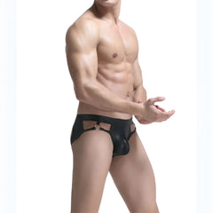 Black latex tartarus ring jockstrap briefs with cut-out side panels and central ring detail
