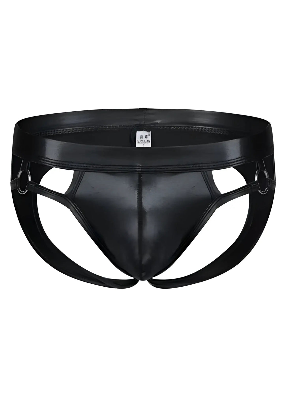 Tartarus ring jockstrap black patent leather briefs with glossy finish and reinforced side straps with metal rings
