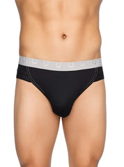Black tartarus rio brief with gray waistband featuring white horseshoe logos made of soft stretch fabric
