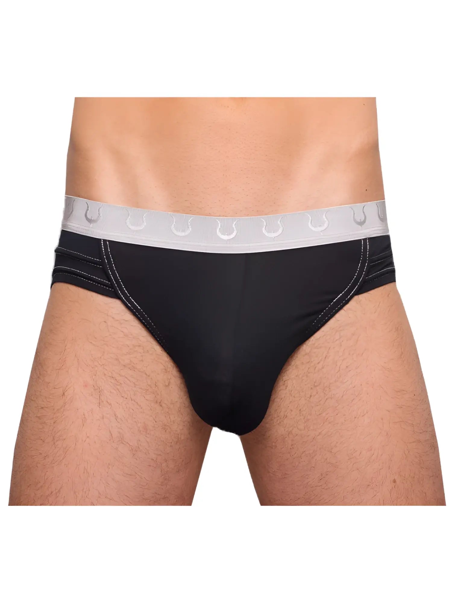 Black tartarus rio brief with white elastic waistband featuring repeating horseshoe pattern