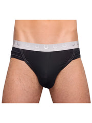 Black tartarus rio brief with white elastic waistband featuring repeating horseshoe pattern