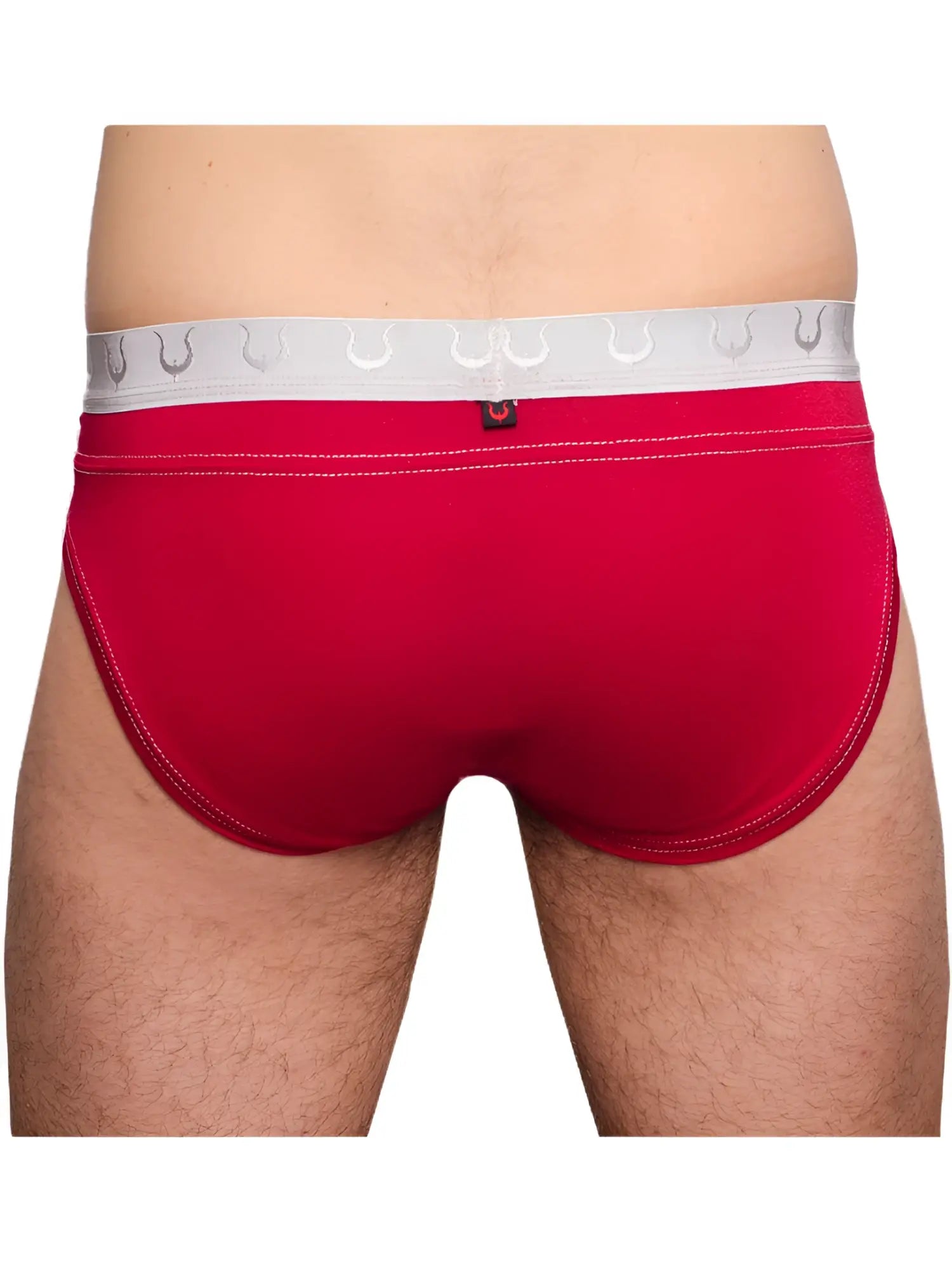 Tartarus Rio brief red men’s underwear with white elastic waistband silver horseshoe patterns and red stitching edges