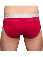 Tartarus Rio brief red men’s underwear with white elastic waistband silver horseshoe patterns and red stitching edges