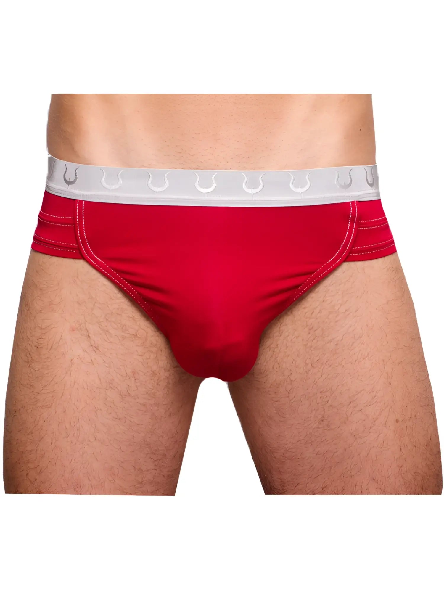 Tartarus rio brief red men’s briefs with white elastic waistband featuring a repeating horseshoe logo