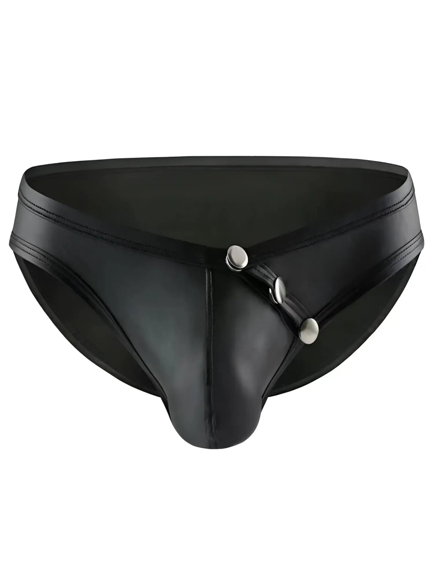 Black faux leather thong brief with silver toned side button closure from tartarus side buttons brief collection