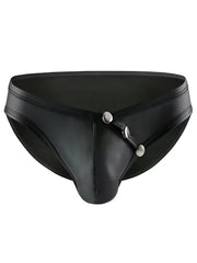 Black faux leather thong brief with silver toned side button closure from tartarus side buttons brief collection
