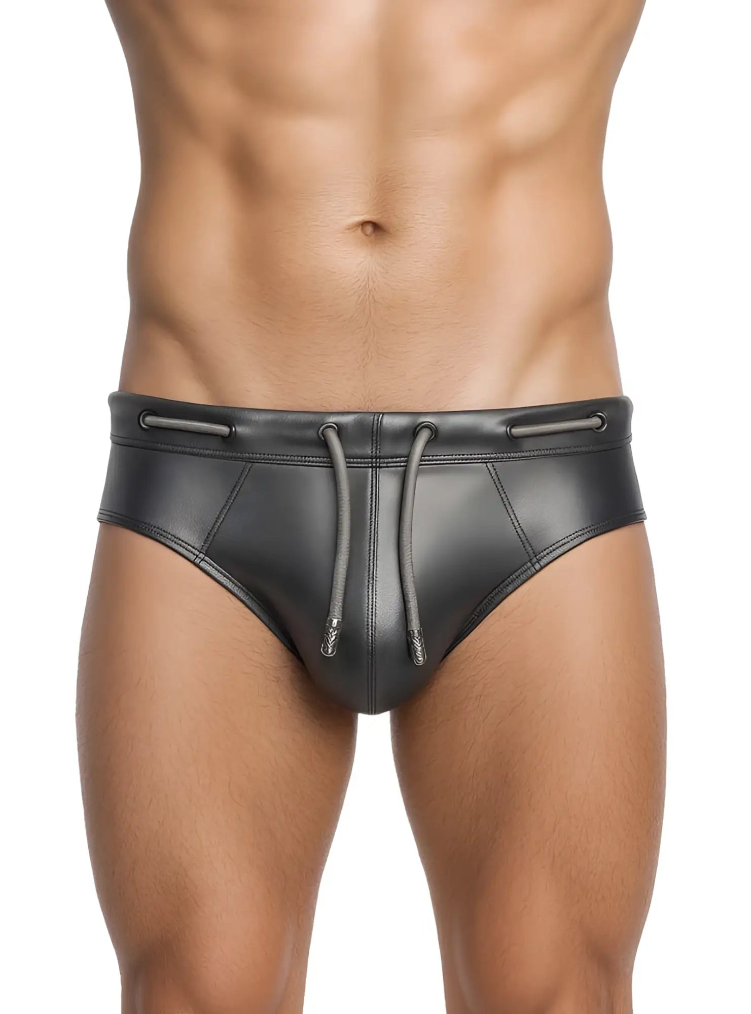 Black faux leather tartarus side track metallic brief swim trunks with drawstring waistband and subtle stitching details