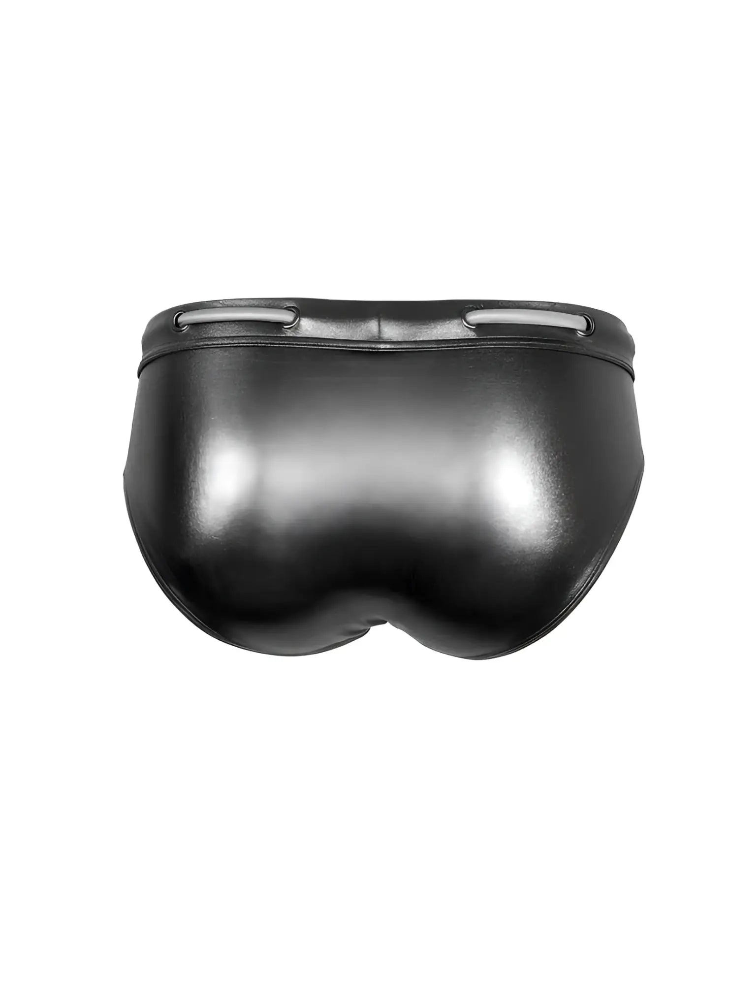 Black glossy faux leather Tartarus side track metallic brief with sleek design and silver metal waistband accents
