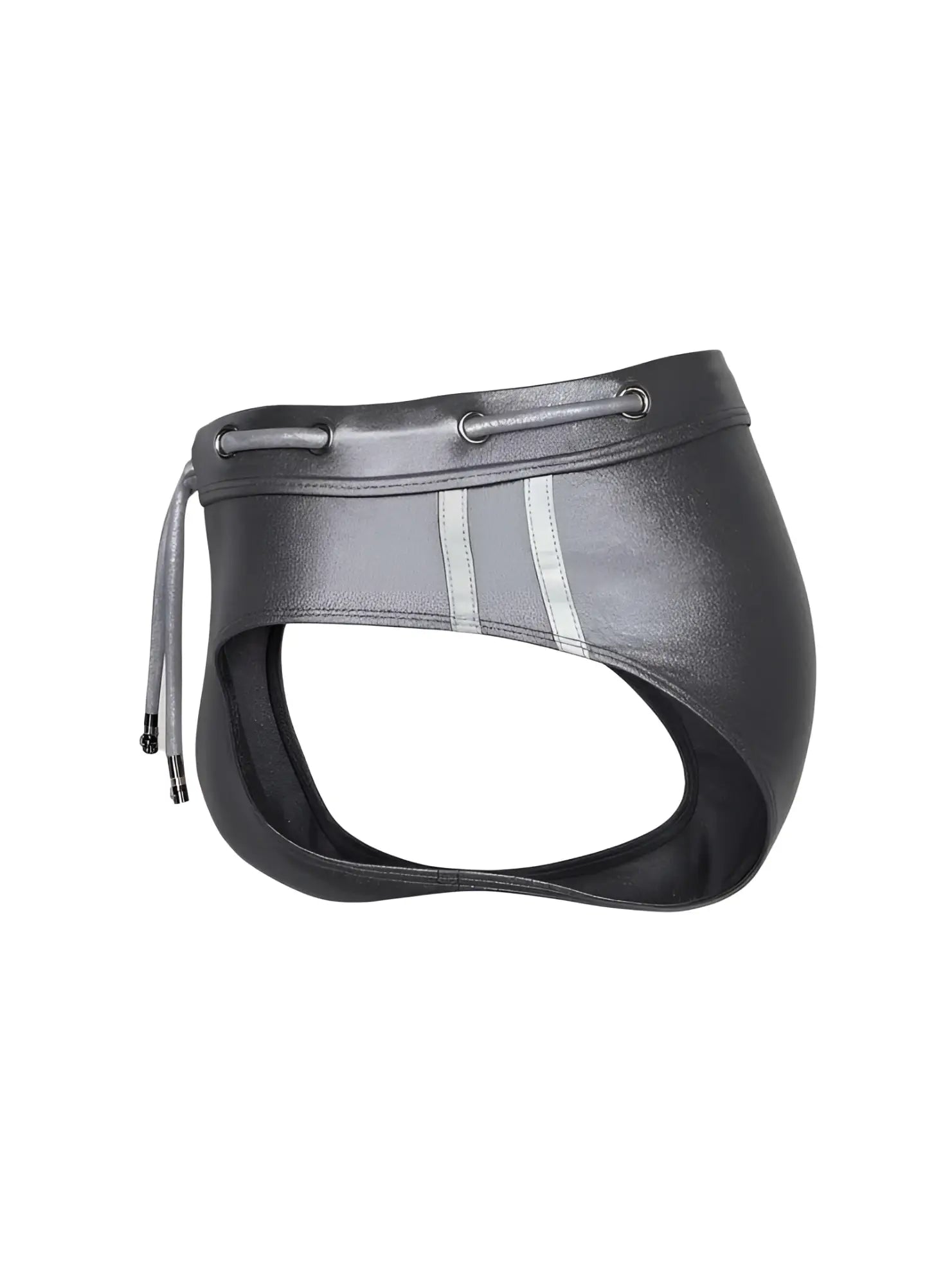 Black leather Tartarus side track metallic brief with silver reflective stripes and a drawstring waistband