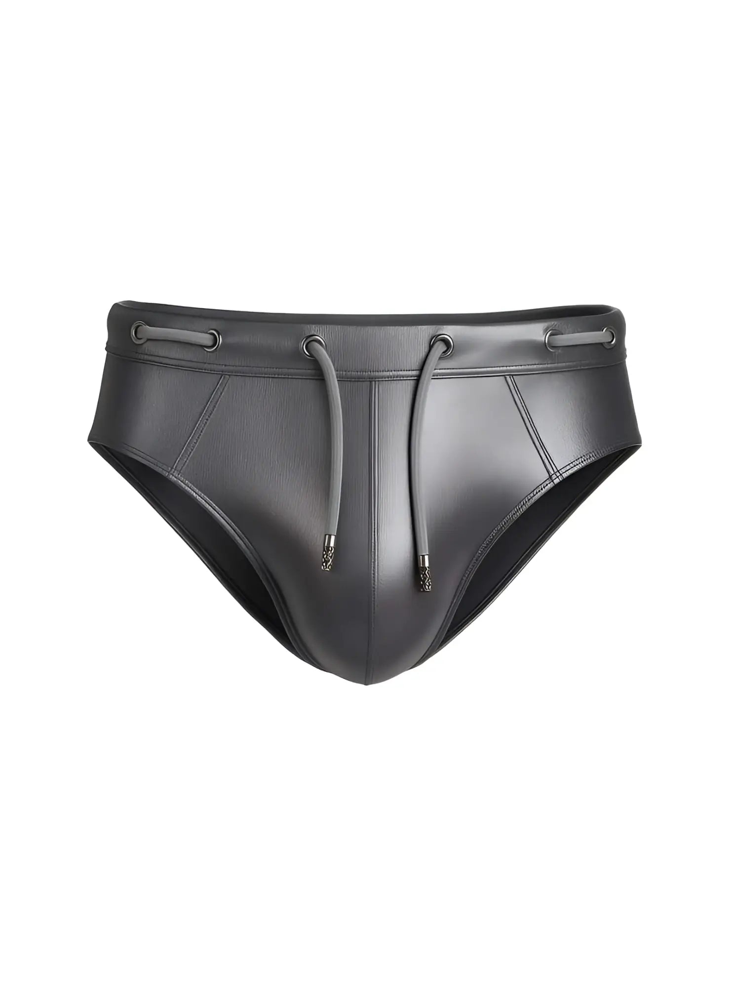 Black leather swim trunks with drawstring waistband and metallic aglets from tartarus side track metallic brief collection