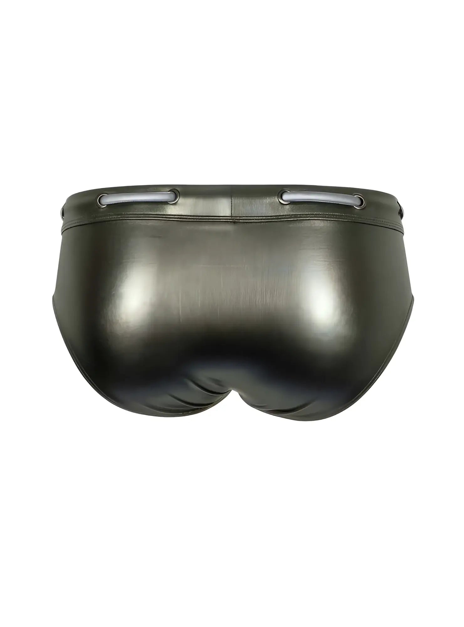 Tartarus side track metallic brief black shiny faux leather swim trunks with silver metal eyelets at the waistband