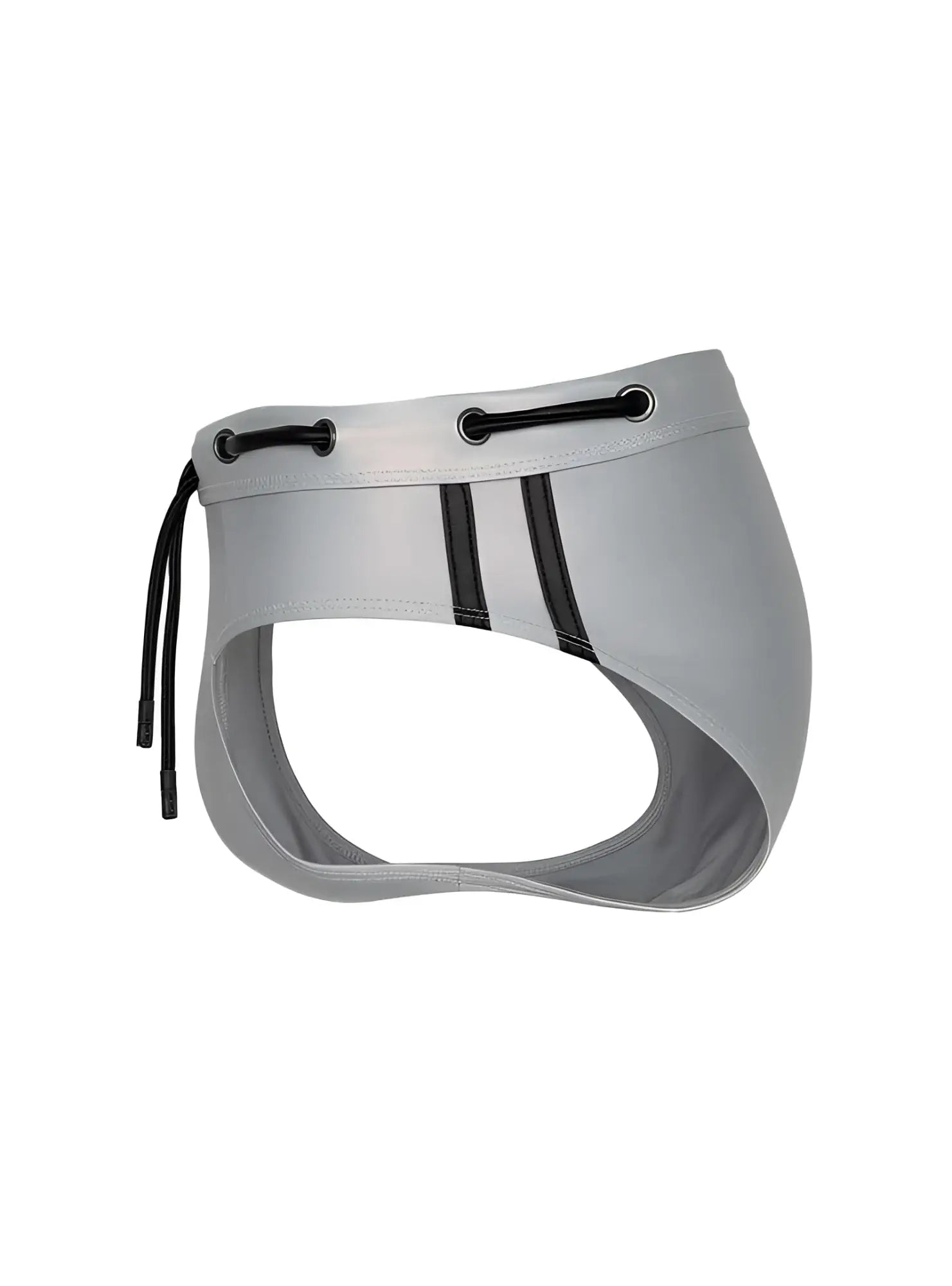 Tartarus side track metallic brief gray swim trunks with black side stripes and adjustable drawstrings
