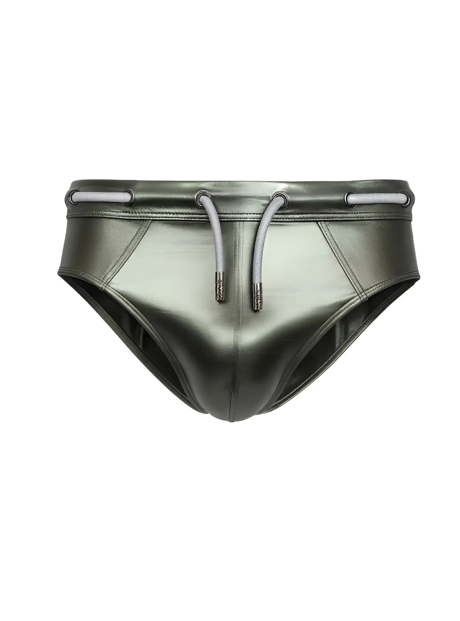 Metallic olive green tartarus side track metallic brief swim trunks with sleek glossy finish and matching drawstrings