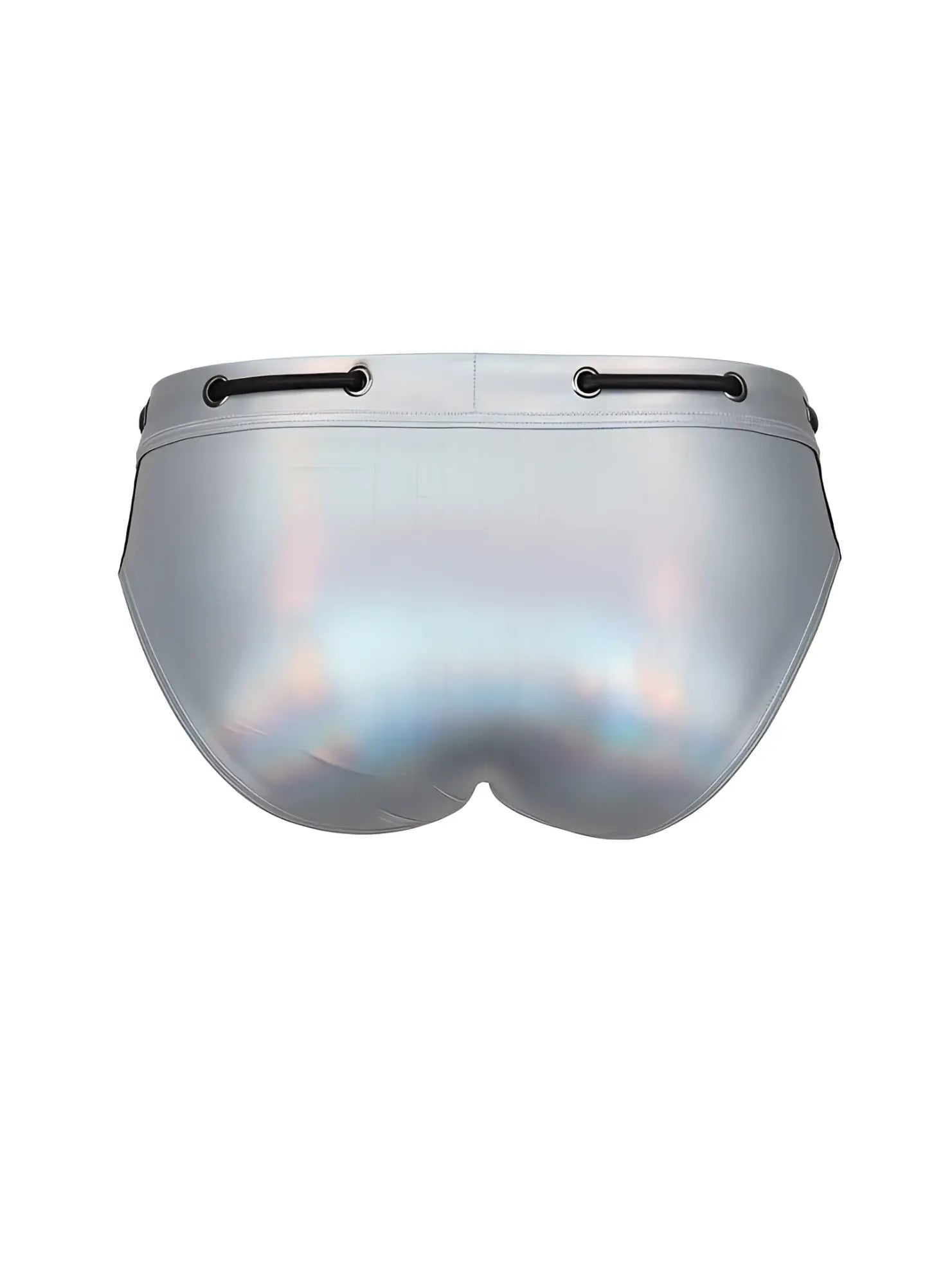 Silver holographic metallic brief swim trunks with black lace-up ties at the waist tartarus side track