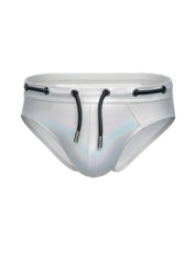 Silver holographic metallic brief swim trunks with black drawstrings and metal eyelets tartarus side track design